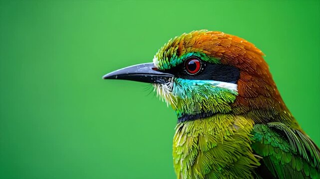 Close-up of a vibrantly colored bird with a green, teal, black, brown and red feather pattern