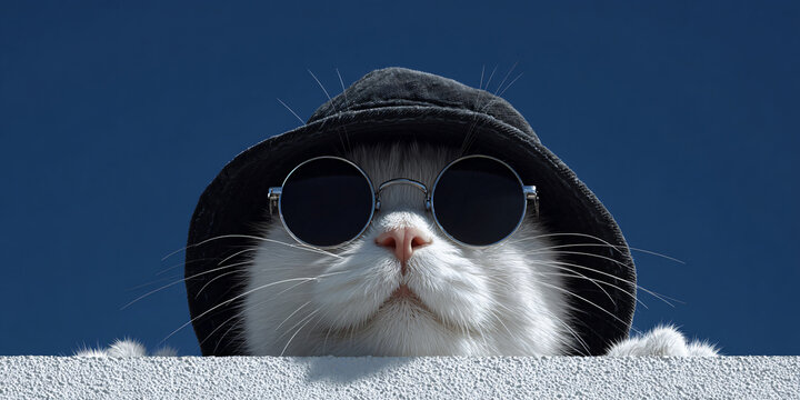 White Cat Wearing Sunglasses and Hoodie Peeking Over Wall