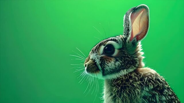 A close-up portrait of a rabbit against a vibrant green background, side profile