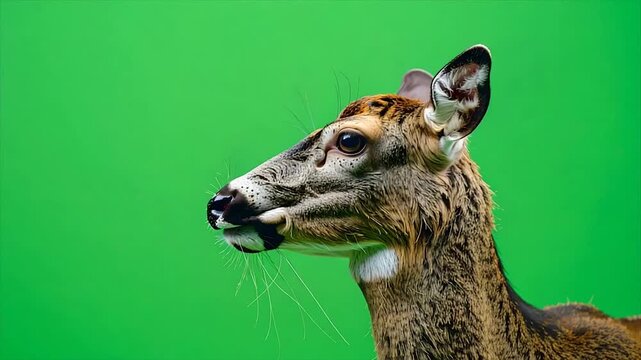 A close-up side profile of a deer with brown fur and a green backdrop