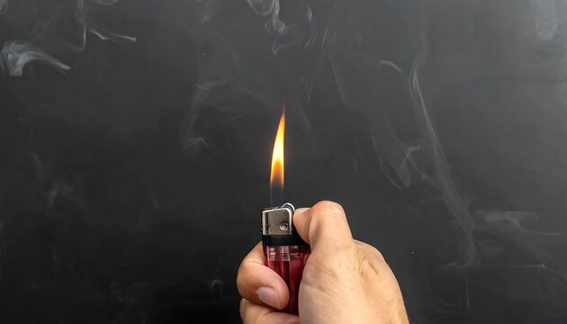 Hand holding red lighter with flame.