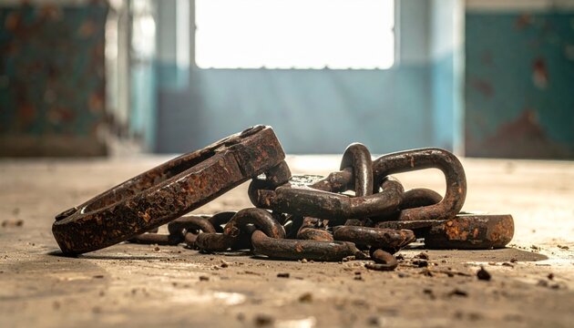 Rusted Shackles and Chains on Dusty Floor