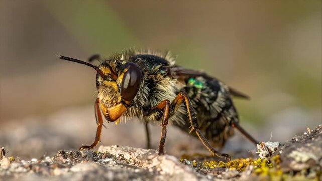 Macro shot of a furry insect with iridescent spots, perched on a textured surface