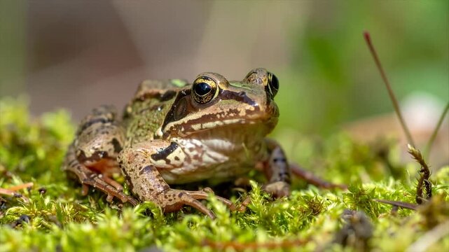 A close-up of a frog perched on vibrant green moss, showcasing its speckled skin