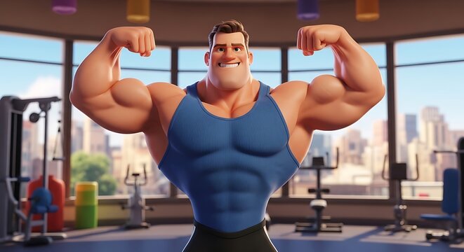 Muscular man flexing in gym interior.