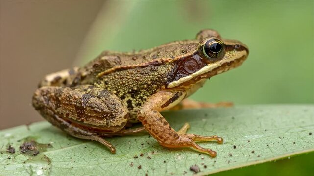 A close-up of a brown frog on a green leaf, displaying textured skin and details