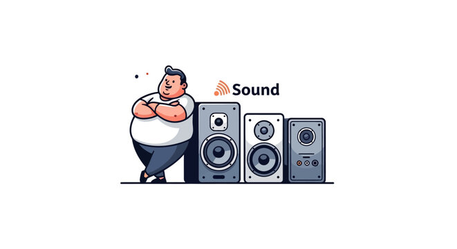 Character leaning against audio sound speakers