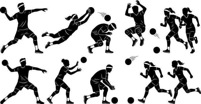 Set of handball player silhouettes in various action poses vector illustration