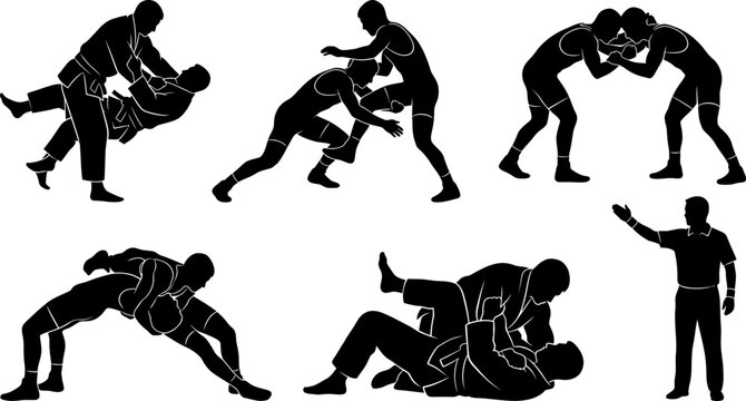 Set of martial arts and wrestling silhouette action vector illustrations