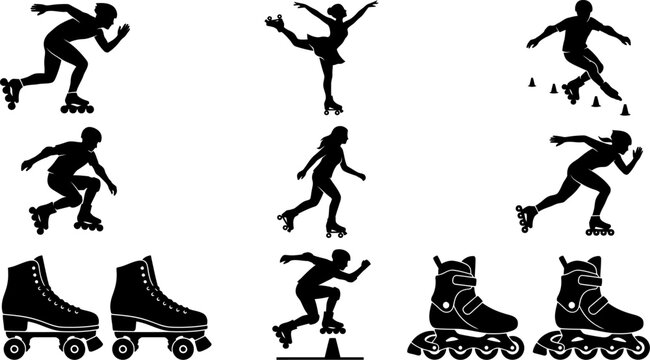 Set of roller skating silhouettes and rollerblades vector icons