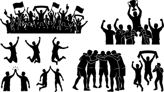 Set of sports fan and athlete silhouettes celebrating victory vector illustration