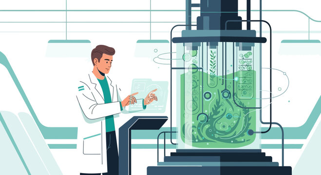Scientist in lab coat working with bioreactor for plant cultivation and research