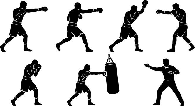 Collection of black boxing athlete silhouettes in various dynamic poses