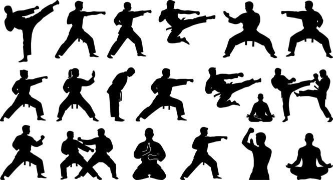 Collection of black karate martial arts fighter silhouettes vector illustration