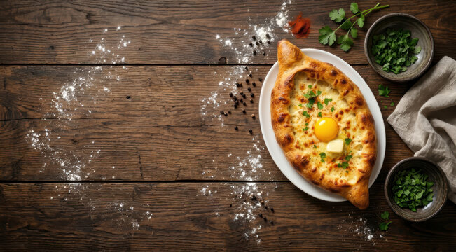 Khachapuri  tradizionale con uovo e burro su tavola di legno rustica. Generative AI 