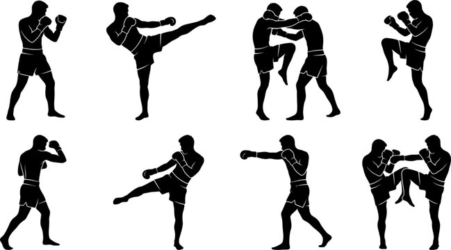 Collection of kickboxing and Muay Thai fighter silhouettes vector illustration