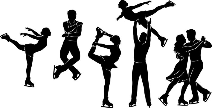 Ice skating athletes performing dance and freestyle figures black silhouette set