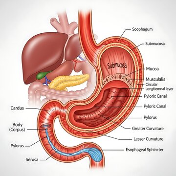 Detailed anatomy of human stomach organs.