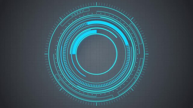 Futuristic hud display with spinning circular elements and glowing blue neon lights on a grid background.