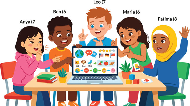 Diverse group of primary school children collaborating on laptop for interactive global language learning and multicultural educational classroom activities.