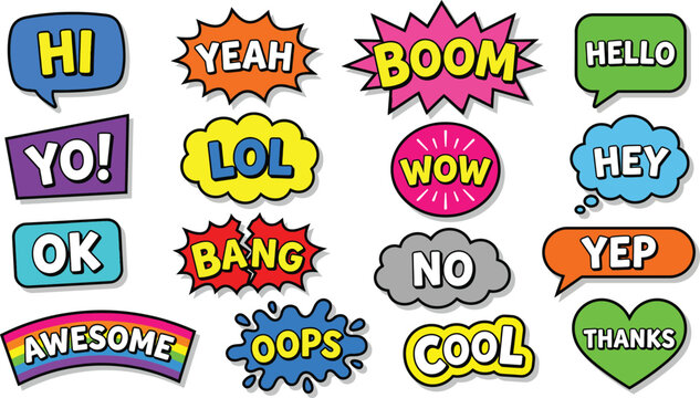 Collection of comic book style speech bubbles with various words and colors cartoon text