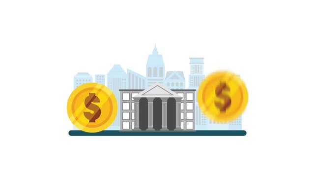 Animated bank building and golden dollar coins motion graphic over cityscape background for financial concepts.