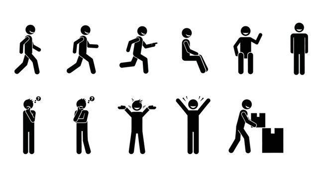 Dynamic Stick Figure Poses: A diverse collection of stick figures, each captured in unique poses expressing a spectrum of actions, emotions, and activities, offering a versatile visual language.