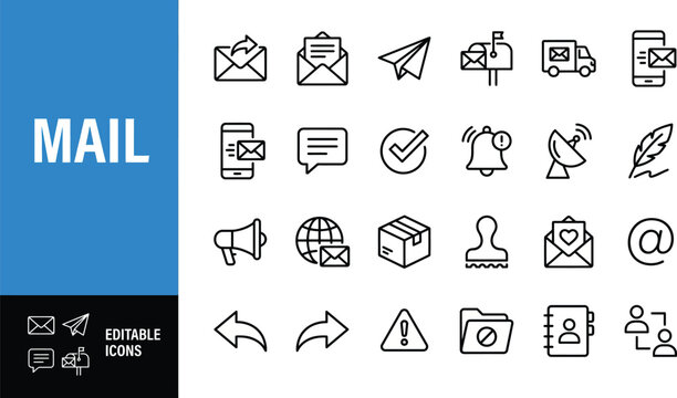 Set of black line representing mail communication and messaging including envelopes paper planes delivery trucks smartphones speech bubbles checkmarks notification bells satellite dishes and folders