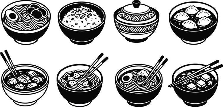 Set of eight black and white featuring various asian noodle dishes rice bowls dumplings and covered ceramic bowls with chopsticks in a minimalist style on a white background