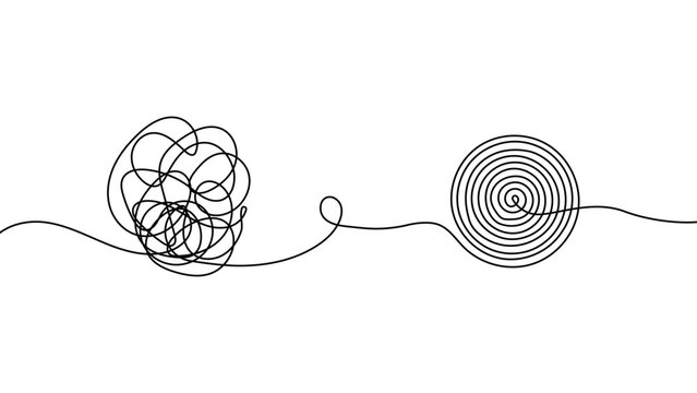 Continuous line chaos to clarity concept illustration vector, abstract scribble transforming into focused spiral idea