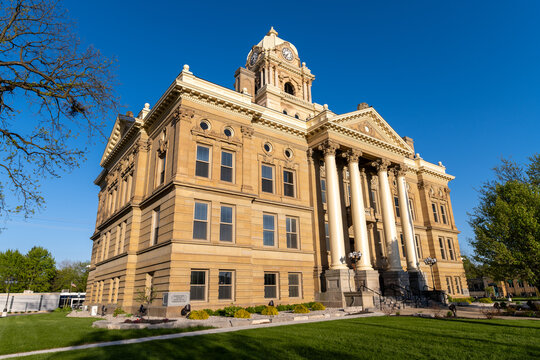 Low Angle View of Shiawassee County Courthouse Facade with Corinthian Columns at Sunset, Corunna Michigan