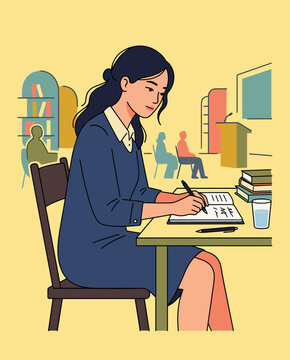 Asian woman student sitting at a library desk and writing carefully in her journal while researching for her academic thesis project
