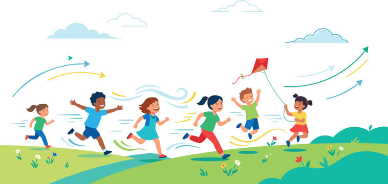 Joyful diverse group of children running and jumping on a grassy hill flying a kite during a windy summer day outdoors.
