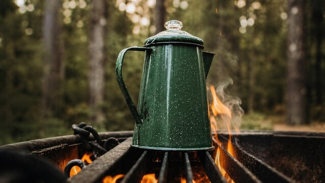 Hot coffee brewing on a camping grill at sunset, elevated outdoor cooking scene with steaming enamel mug and fire glow, cozy nature adventure concept, rustic camping atmosphere.