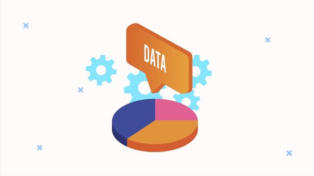 Isometric data analysis animation featuring colorful pie chart and rotating blue gears for business reporting.