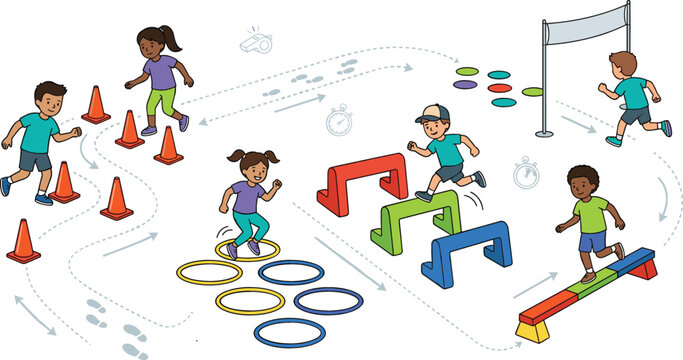 Multicultural children completing an outdoor physical education obstacle course with hurdles balance beam cones and hoops for agility training development.
