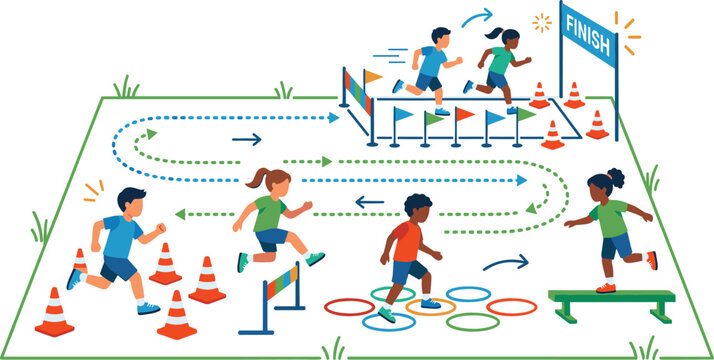 Multicultural children participating in outdoor obstacle course race featuring running jumping through hoops balancing and crossing the finish line for fitness.