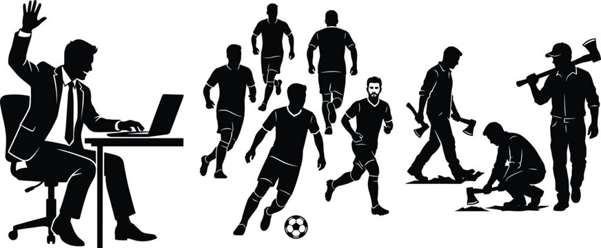 People silhouettes collection featuring office worker raising hand soccer players and construction workers isolated on white background