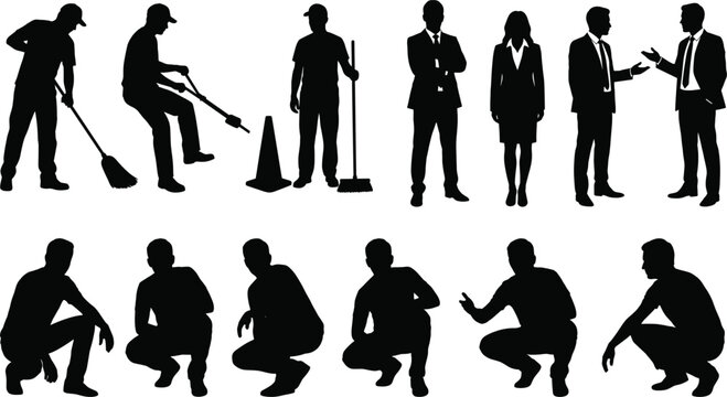 People silhouettes set with workers cleaning business professionals standing and squatting men isolated on white background