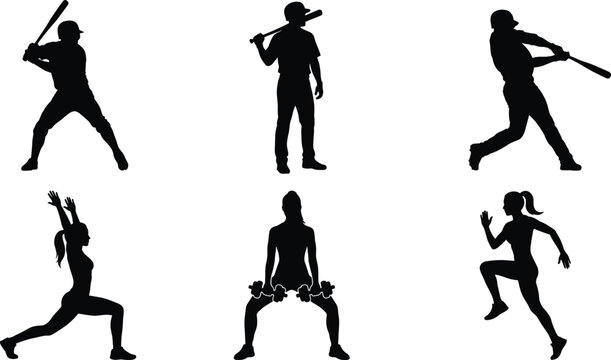 Baseball and fitness silhouettes collection featuring batting running training and athletic poses isolated on white background