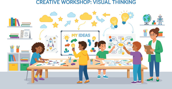 Diverse group of children participating in a creative workshop for visual thinking with a teacher in a classroom setting.