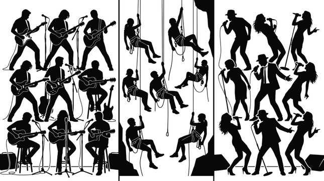 Music performance silhouettes set with singers guitarists dancers and pole dance artists on stage isolated collection