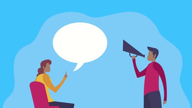 Animation of person shouting through megaphone at woman sitting in chair with speech bubble.