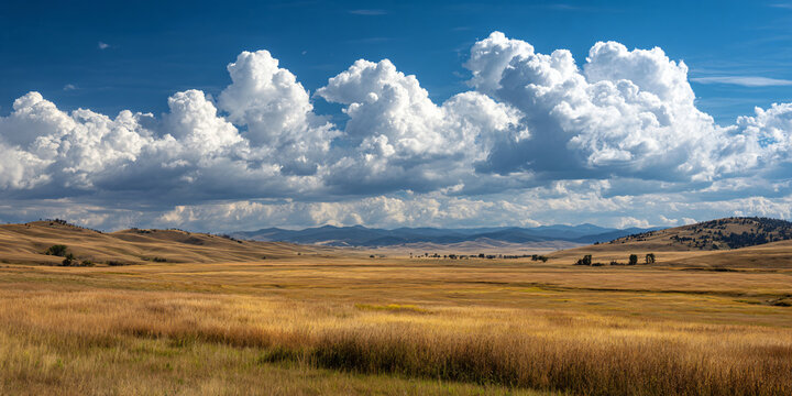 Vast Prairie Landscape with Golden Grass Rolling Hills and Clouds