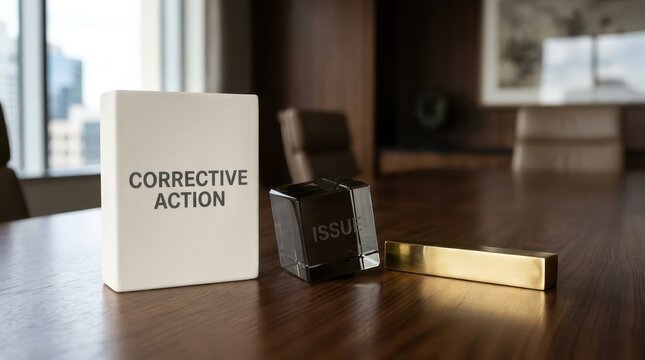 Corrective Action Ceramic Block With Issue Crystal And Brass Bar On Luxury Boardroom Table Background With Copy Space