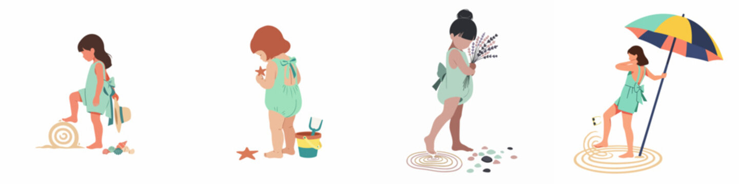 Set of flat vector illustrations featuring young girls in mint green rompers enjoying summer activities with beach toys, shells, and colorful umbrellas.