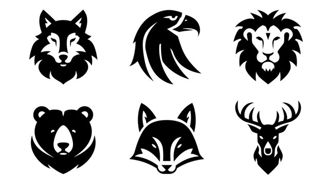Set of stylized animal head icons including wolf eagle lion bear fox and deer