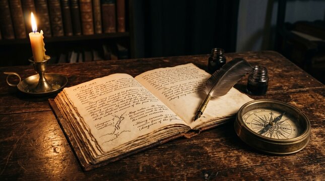 Vintage explorer logbook open on antique wooden desk with quill inkwell and brass nautical compass during candle light illumination recreating historical maritime atmosphere of seventeenth century vo