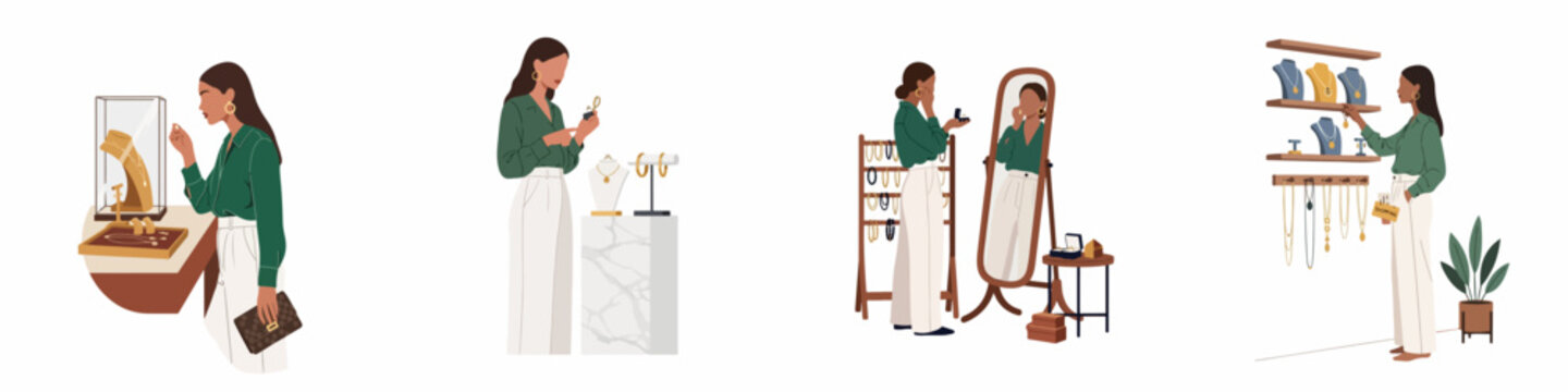 Set of flat vector illustrations featuring a young woman shopping for luxury jewelry, browsing necklaces, rings, and earrings in a modern boutique.