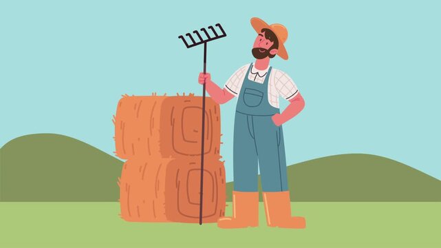 A male farmer with a rake standing next to hay bales in a rural landscape, cinematic farm life footage.